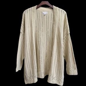 Avenue Women Cardigan Sweater Beige Pointelle Knit Open Front Sz 18/20 USA #580